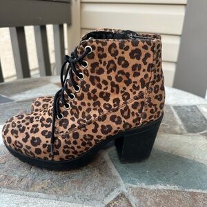 Soda Leopard print faux lace up zippered booties with chunky rubber heels